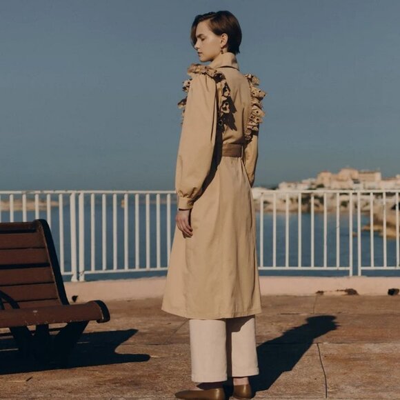 Anthropologie Magali Pascal Tilia Ruffle Eyelet Trench Coat Small - Picture 3 of 10